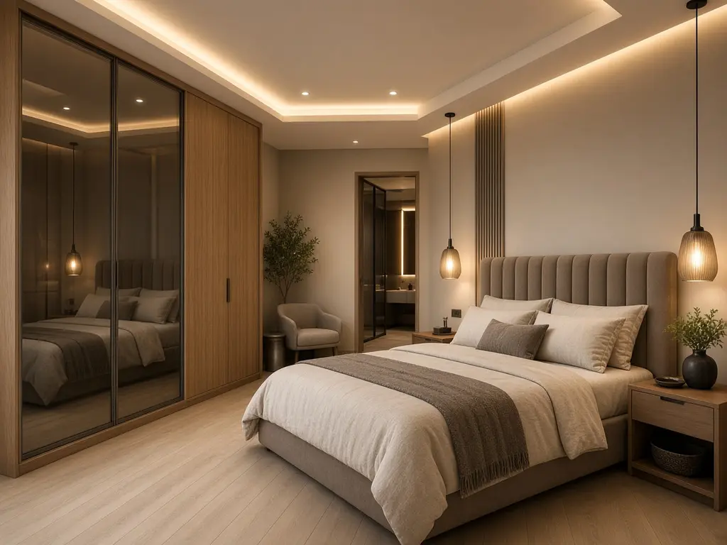 Master bedroom with glass-and-oak sliding wardrobe and cove lighting
