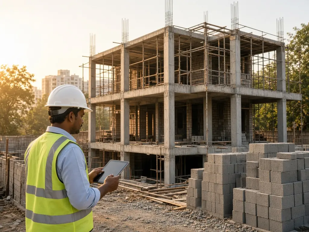 Site engineer reviewing drawings at a residential RCC construction site
