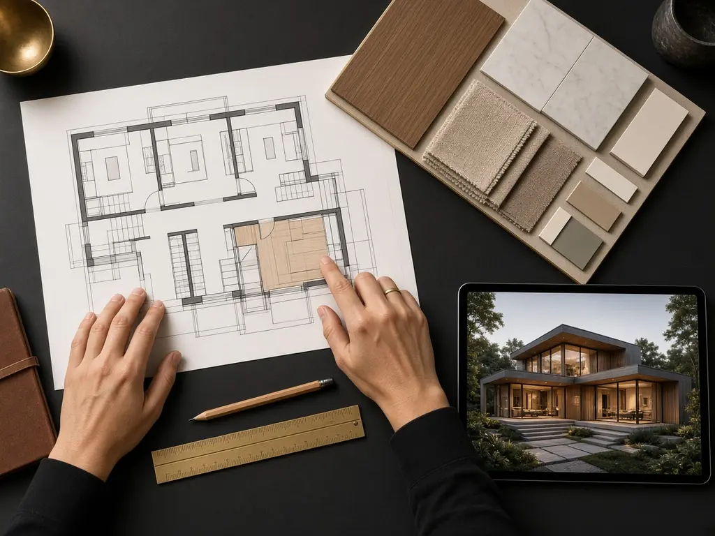 Designer reviewing a floor plan with material samples and a 3D model