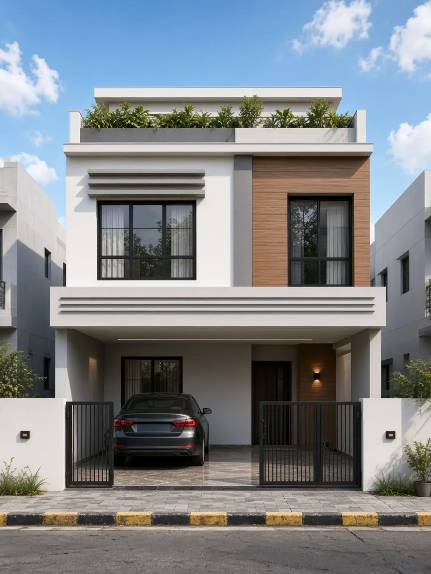Illustrative render of a modern duplex home on a 30 by 40 plot