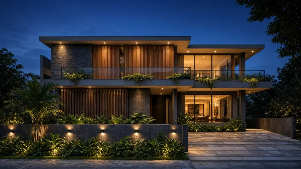 Contemporary two-storey villa with teak louvers and warm lighting at dusk