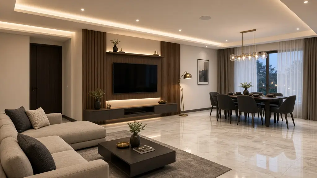 Modern living room with false ceiling, fluted TV wall and dining area