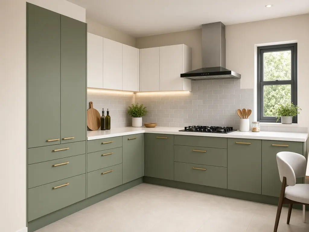 L-shaped modular kitchen with sage cabinets and quartz countertop
